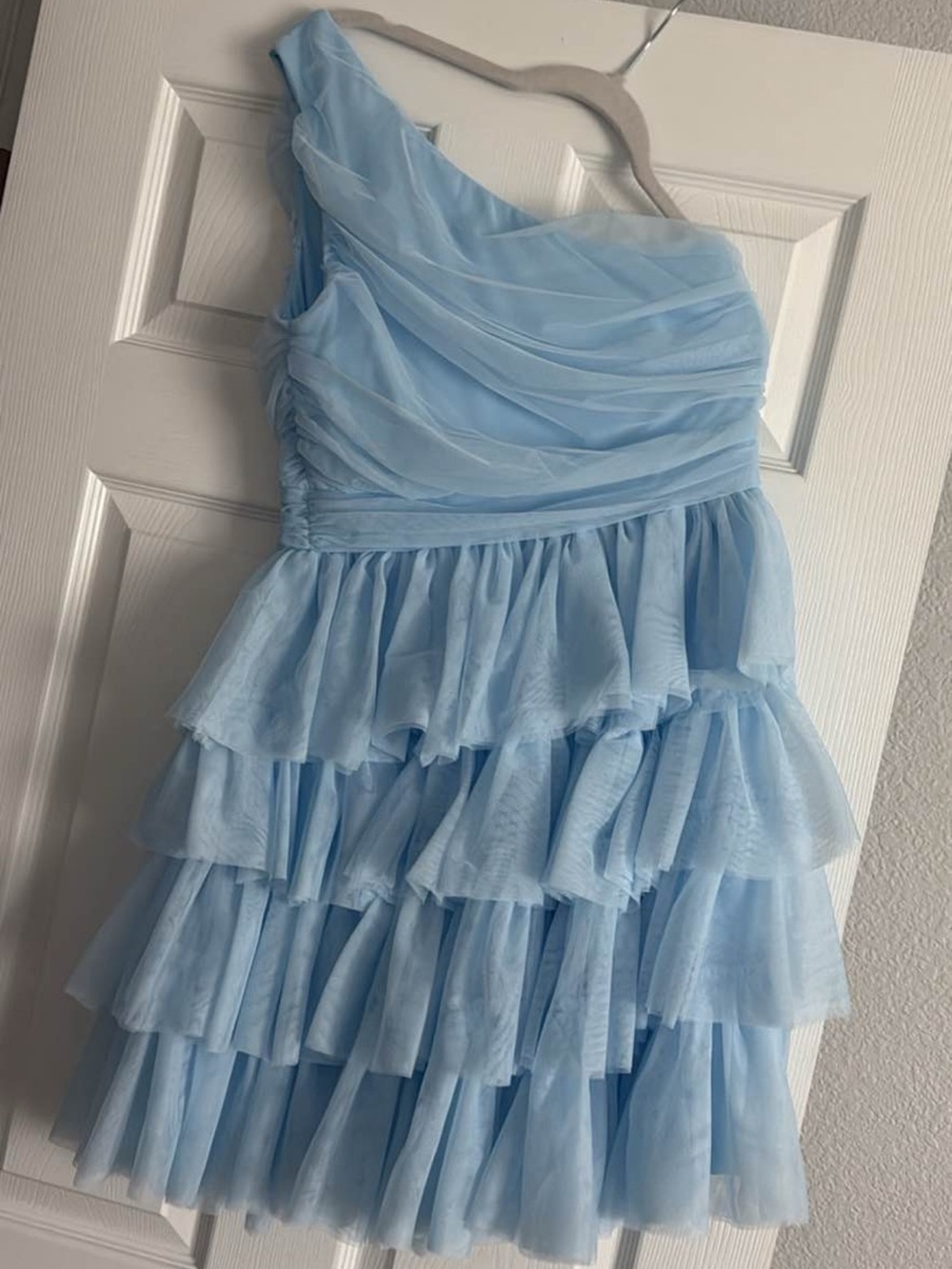 One-Shoulder Light Blue Tiered Tulle women dress